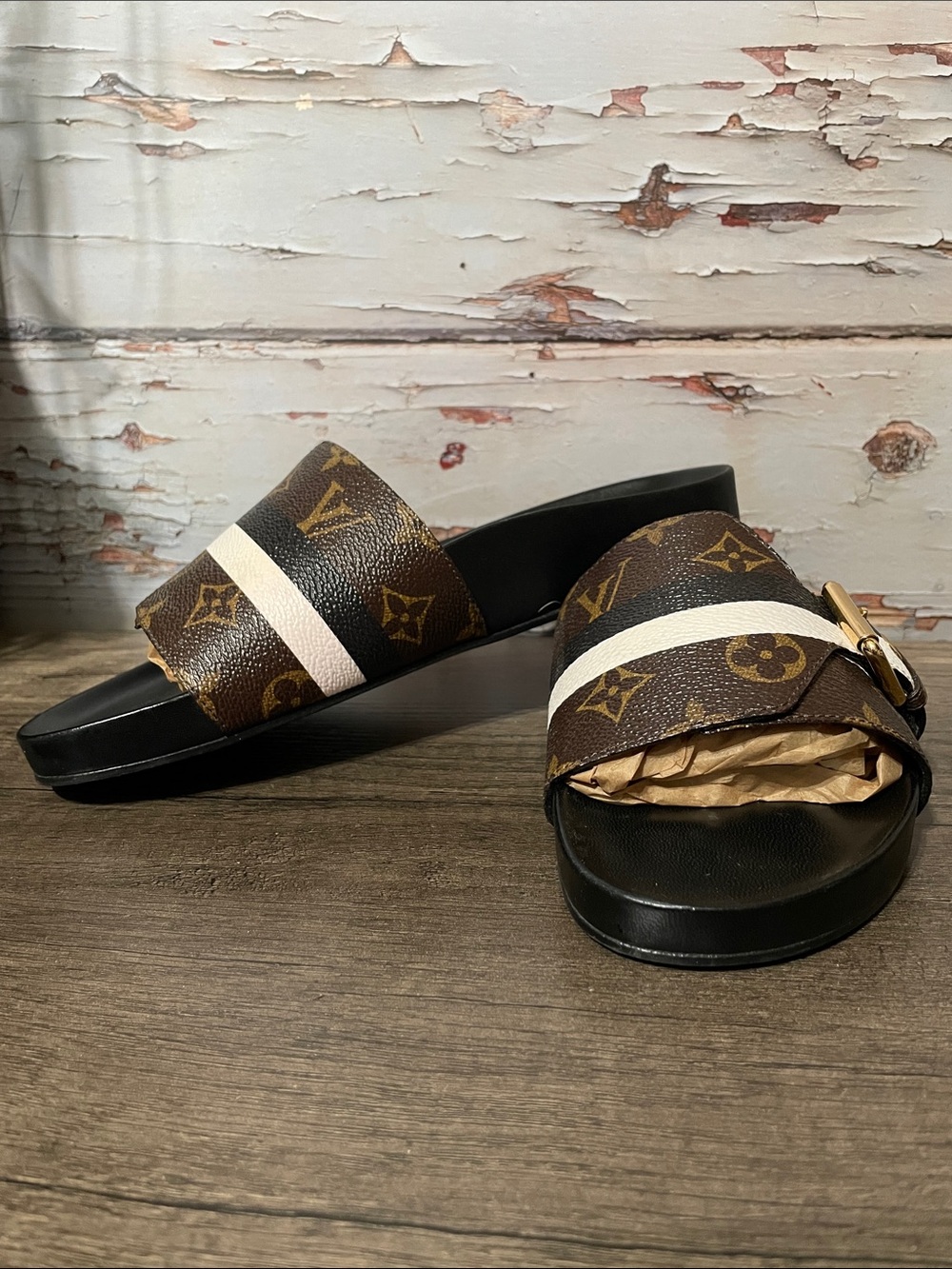 Authentic Louis Vuitton Brown Monogram Slides with White Stripe and Gold Buckle